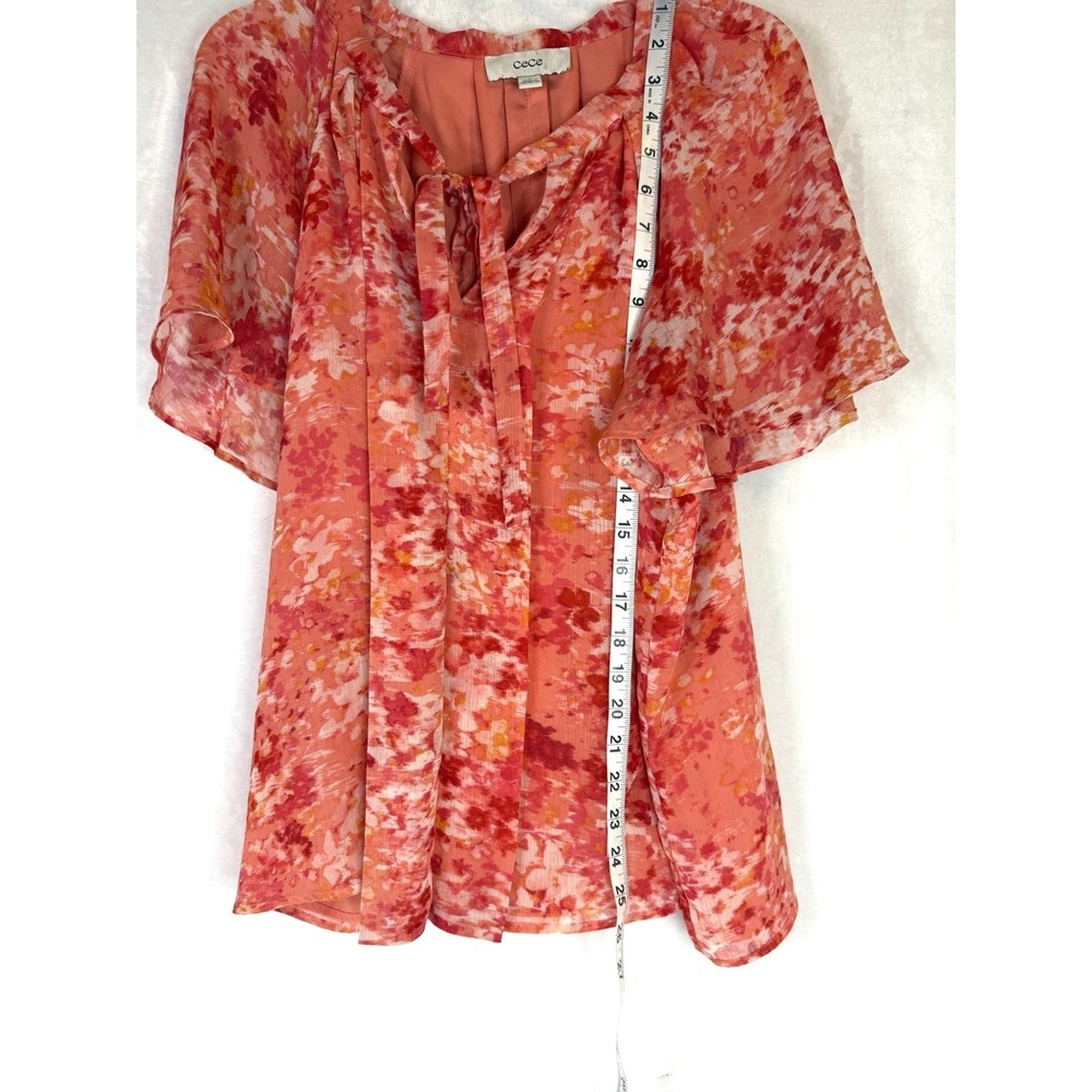 CeCe 1X Coral Pink Floral Sheer Blouse Tie Neck Flutter Sleeve Romantic - Picture 3 of 8